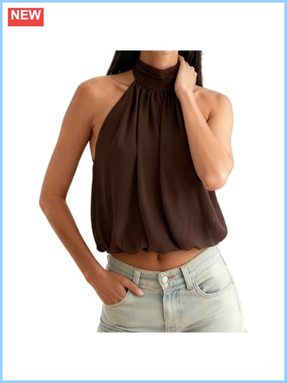 Mock Neck Chiffon Halter Top Sleeveless Open Back Bubble Hem